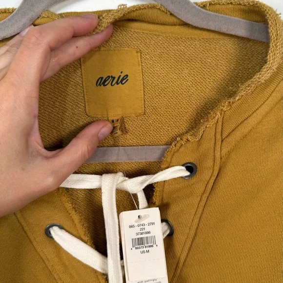 Aerie Lace Up Crew Oversized Sweatshirt Mustard - Picture 3 of 6